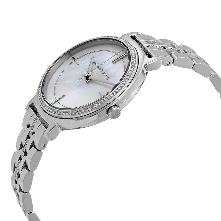 Michael Kors Cinthia watch at angle showing mother of pearl dial and stainless steel bracelet
