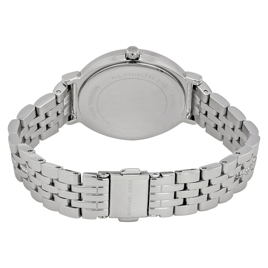 Michael Kors Cinthia watch caseback showing stainless steel case and bracelet clasp