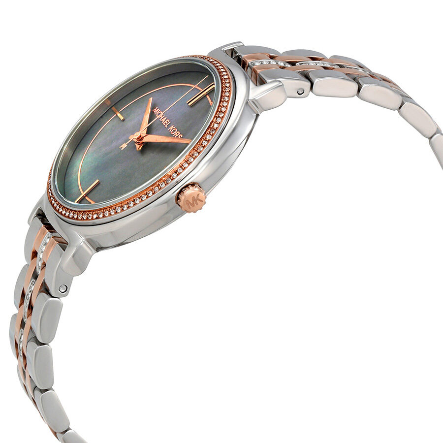 Side angle view of Cinthia watch showing grey dial, rose gold crown and two-tone stainless steel strap