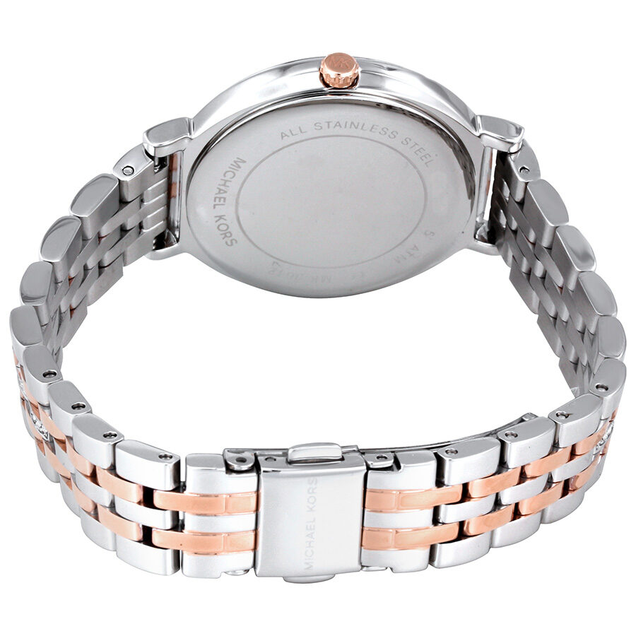 Caseback of Michael Kors Cinthia watch showing all stainless steel construction and bracelet