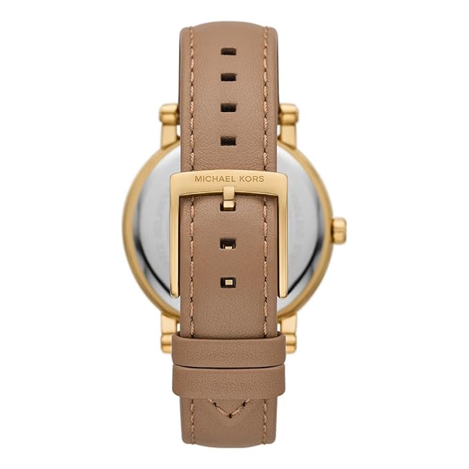 Michael Kors Corey watch caseback showing brown leather strap with gold buckle