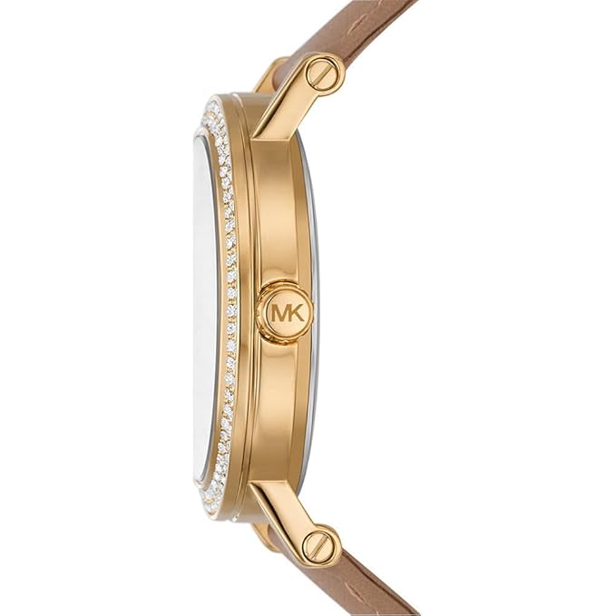 Michael Kors Corey watch side profile showing gold case with crystal bezel and brown strap