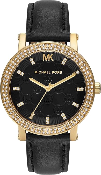 Michael Kors Corey watch with black dial, gold-tone case, crystal bezel, and black leather strap