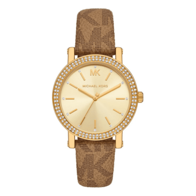 Michael Kors Corey women's watch with crystal pave bezel, champagne dial, and patterned leather strap
