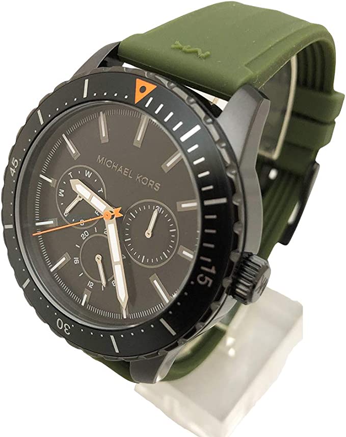 Michael Kors Cunningham chronograph watch three-quarter view showing black case and green strap
