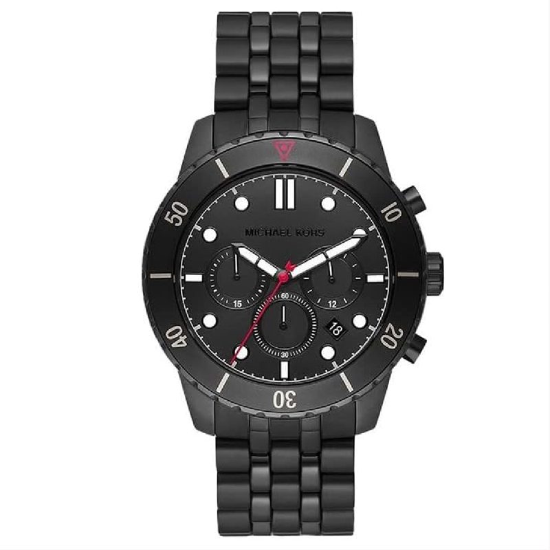 Michael Kors Cunningham chronograph watch with black dial, white indices, red chronograph hands, and black steel bracelet
