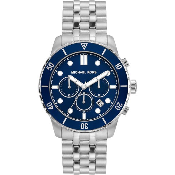 Michael Kors Cunningham MK8999 chronograph watch with blue dial and silver steel bracelet