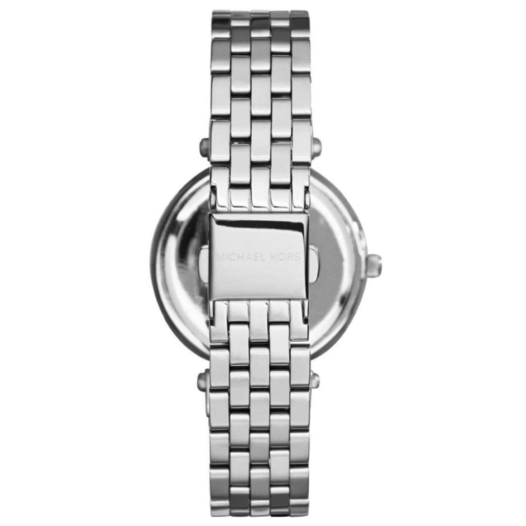 Michael Kors Darci Mini watch caseback showing stainless steel bracelet from behind