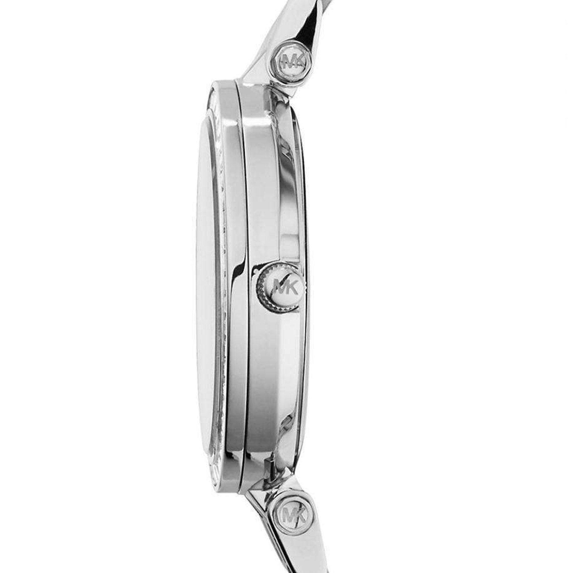 Michael Kors Darci Mini watch side profile showing case depth and silver-tone bracelet