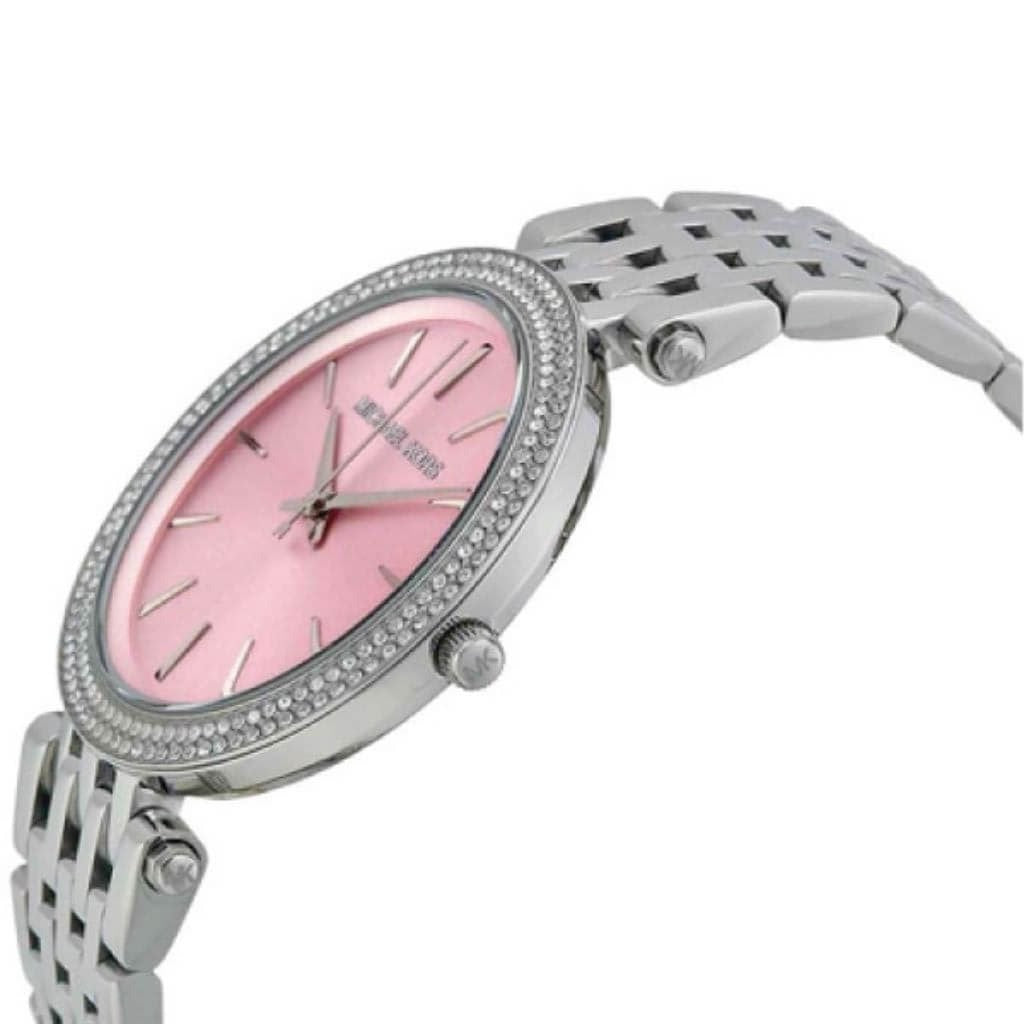 Michael Kors Darci pink dial watch from angled side view