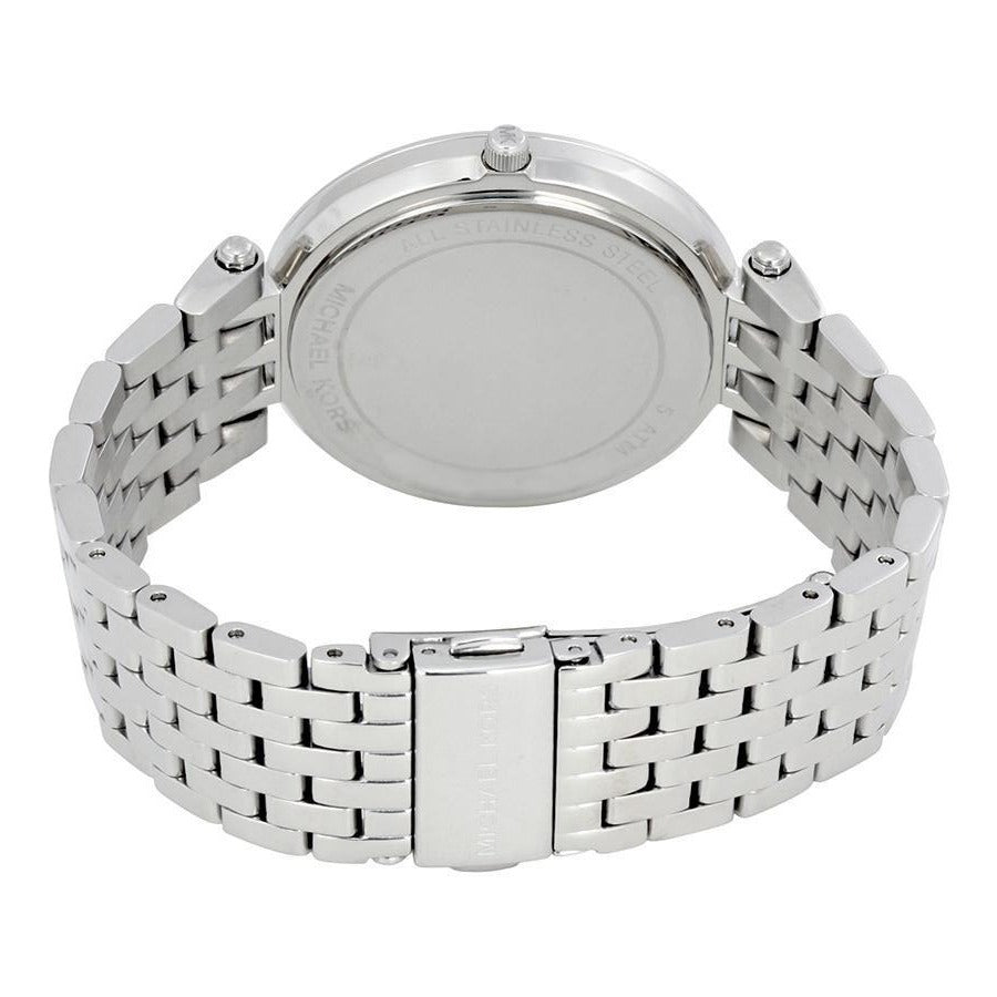 Michael Kors Darci watch case back showing stainless steel bracelet and closure