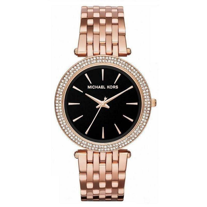 Michael Kors Darci women's watch with black dial, rose gold case, crystal bezel, and rose gold bracelet