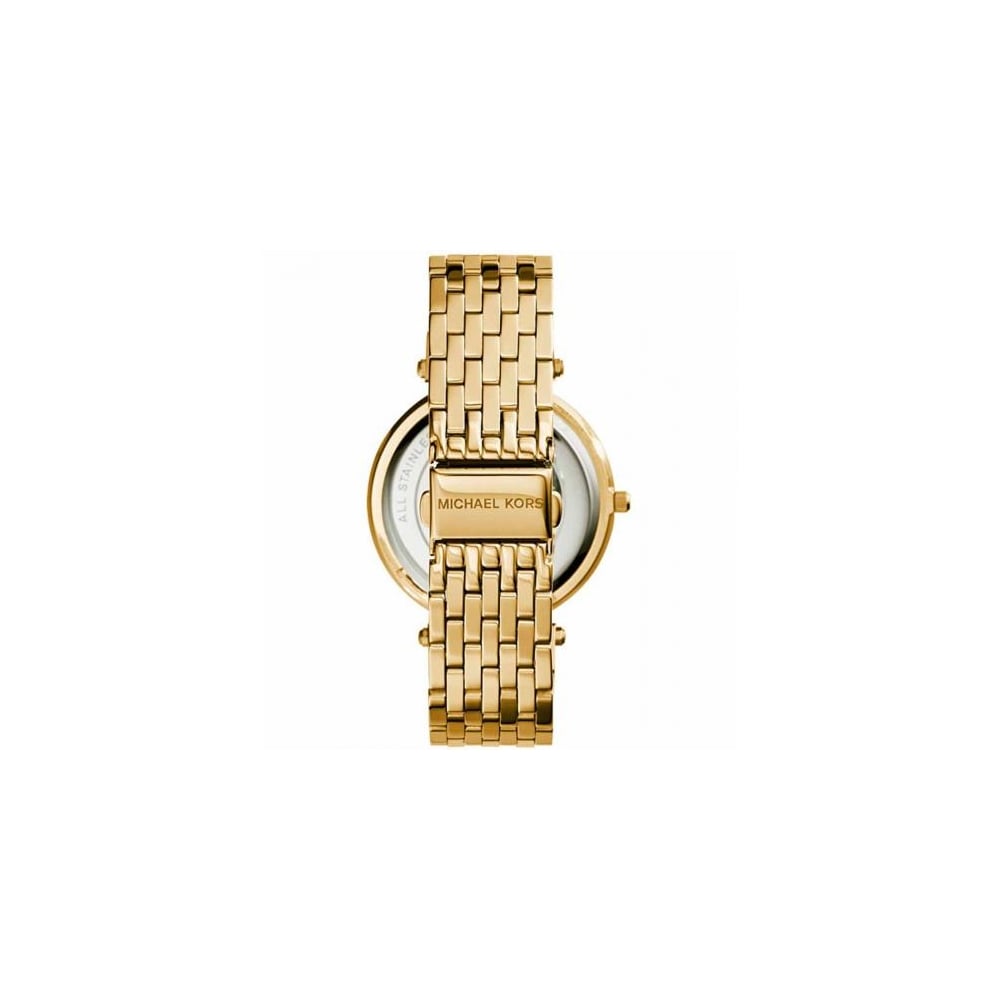 Michael Kors Darci watch caseback showing gold-tone stainless steel construction