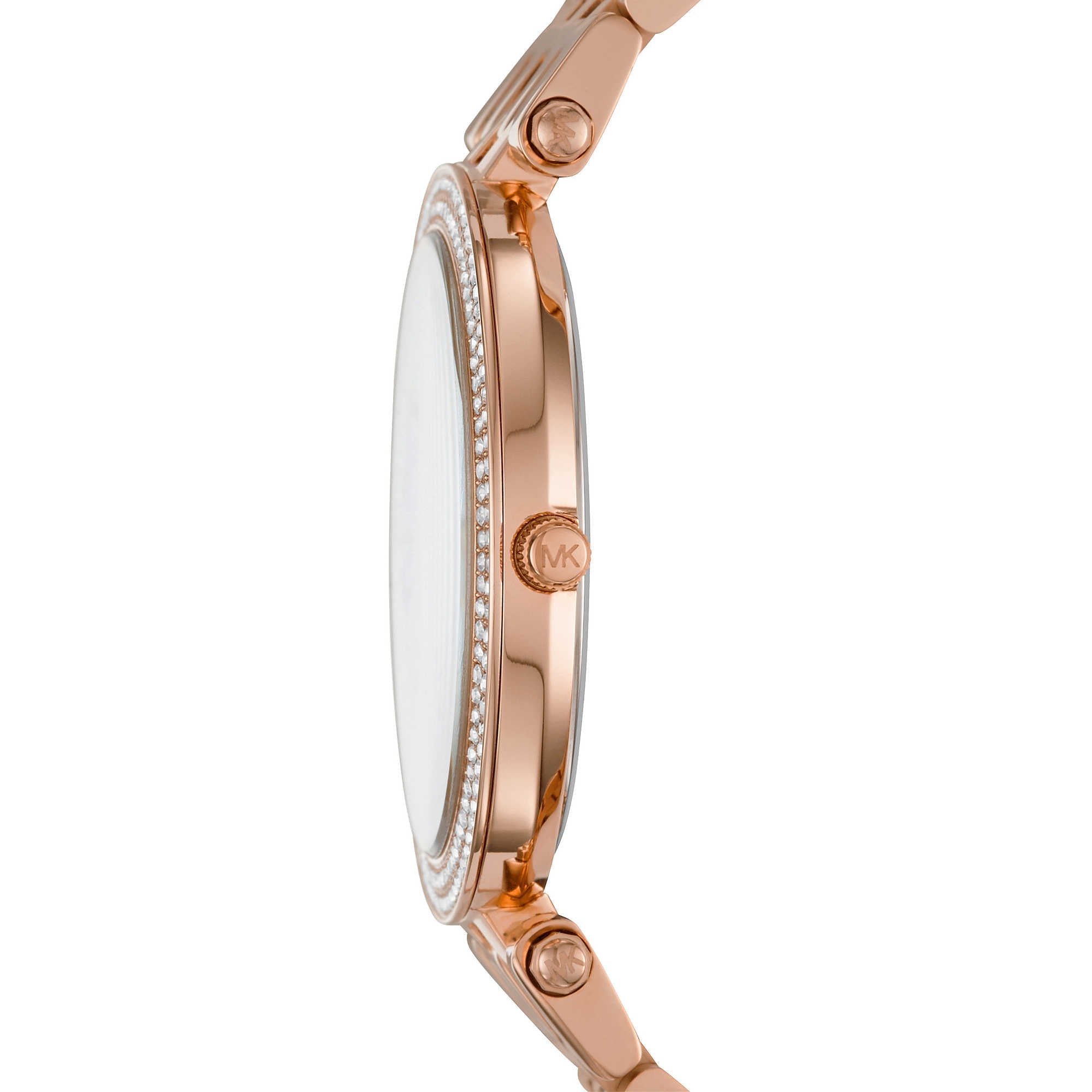 Side view of Michael Kors Darci watch showing rose gold-tone case and crystal bezel