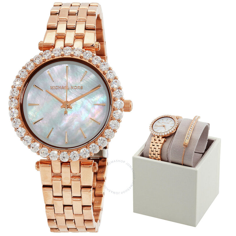 Michael Kors Darci Quartz Crystal Mother of Pearl Dial Ladies Watch and Steel Bracelet Set MK1064SET - The Watches Men & Co