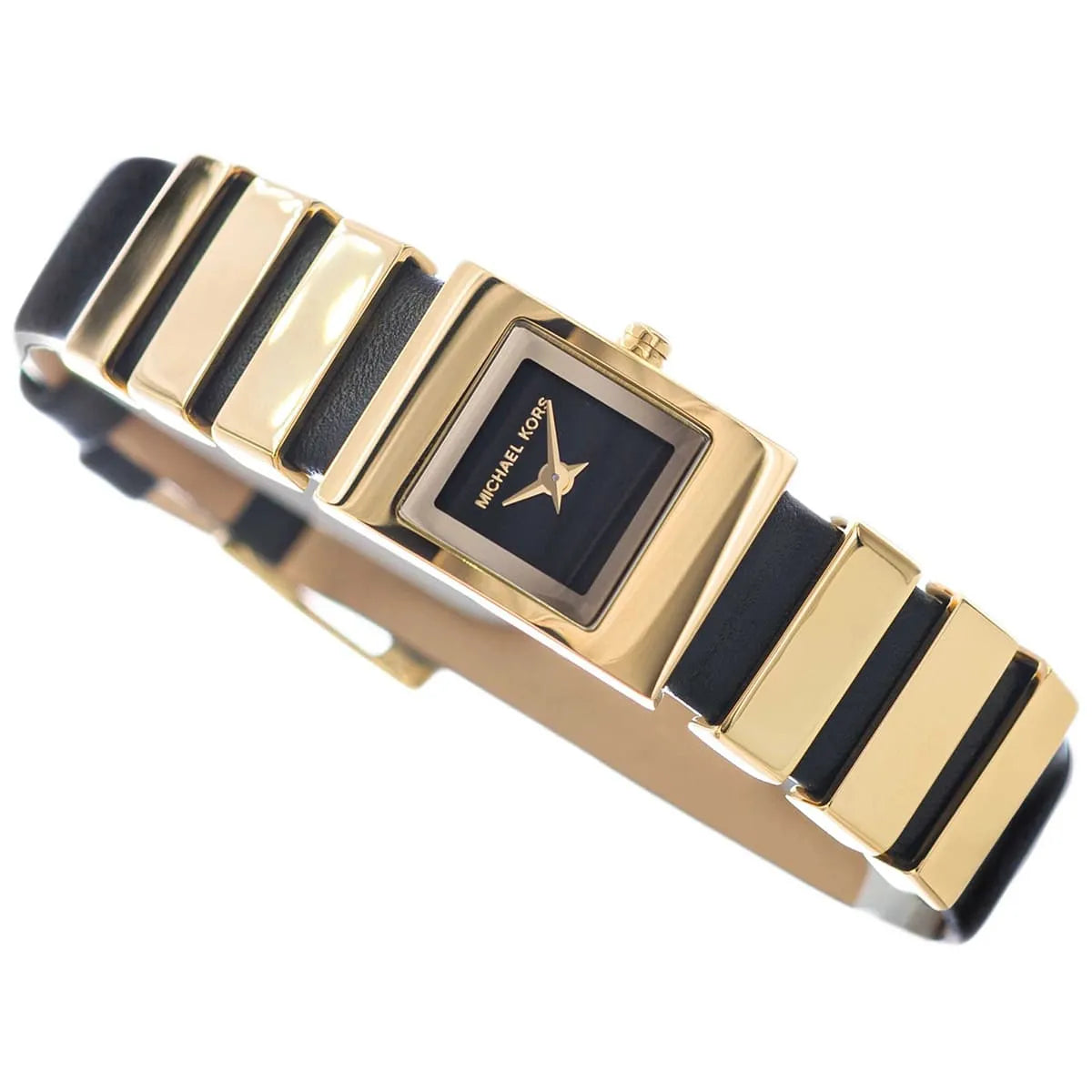 Angled overhead view of Michael Kors Darrington women's watch with striped gold and black strap design