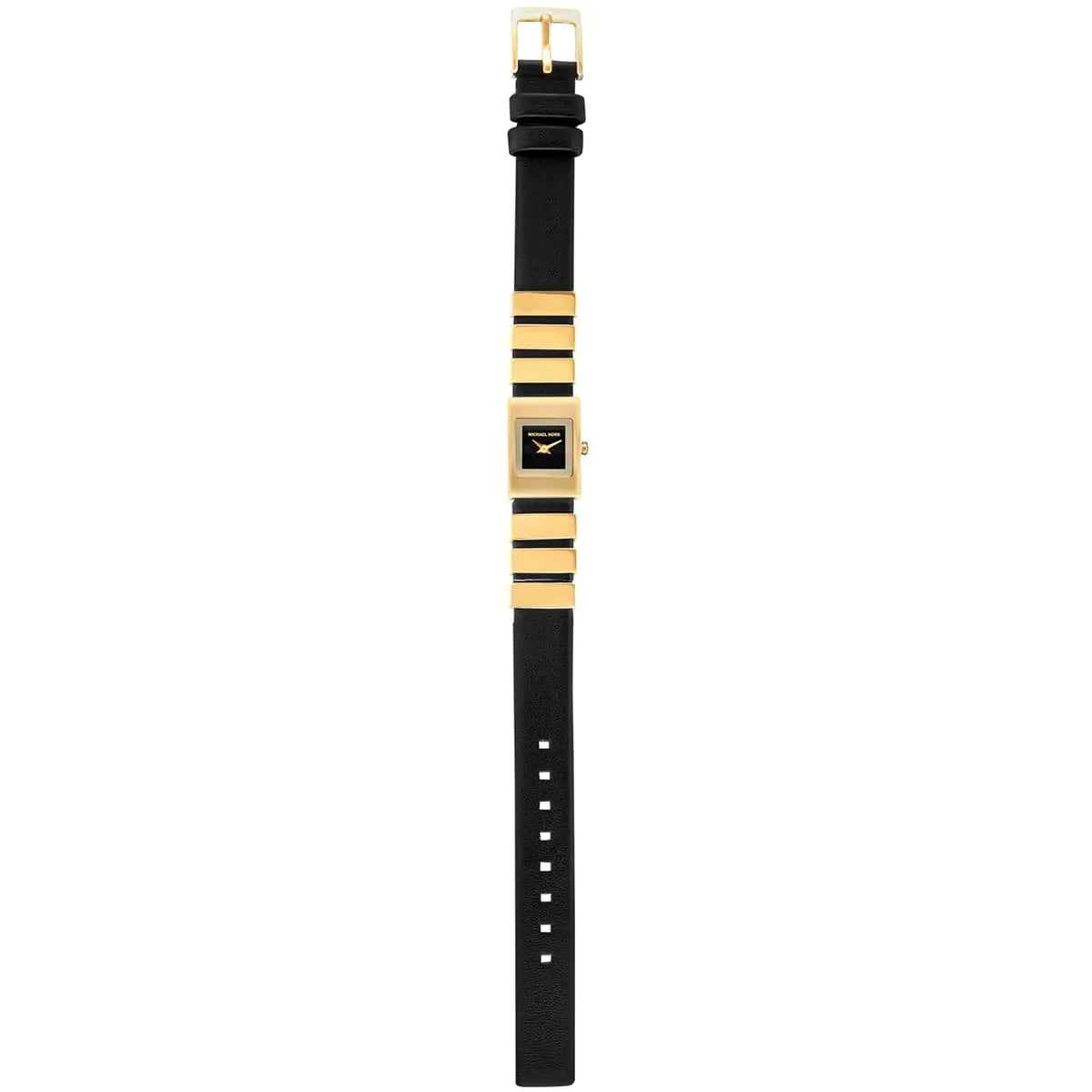 Top-down angled view of Michael Kors Darrington MK4887 showing full bracelet with gold case and black strap segments