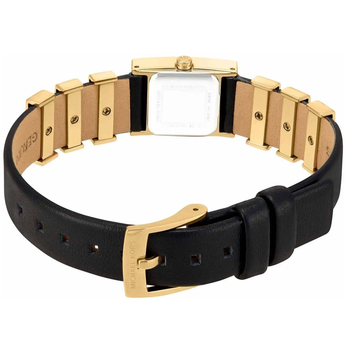 Back case of Michael Kors Darrington MK4887 with engraved MK logo on gold-tone backing