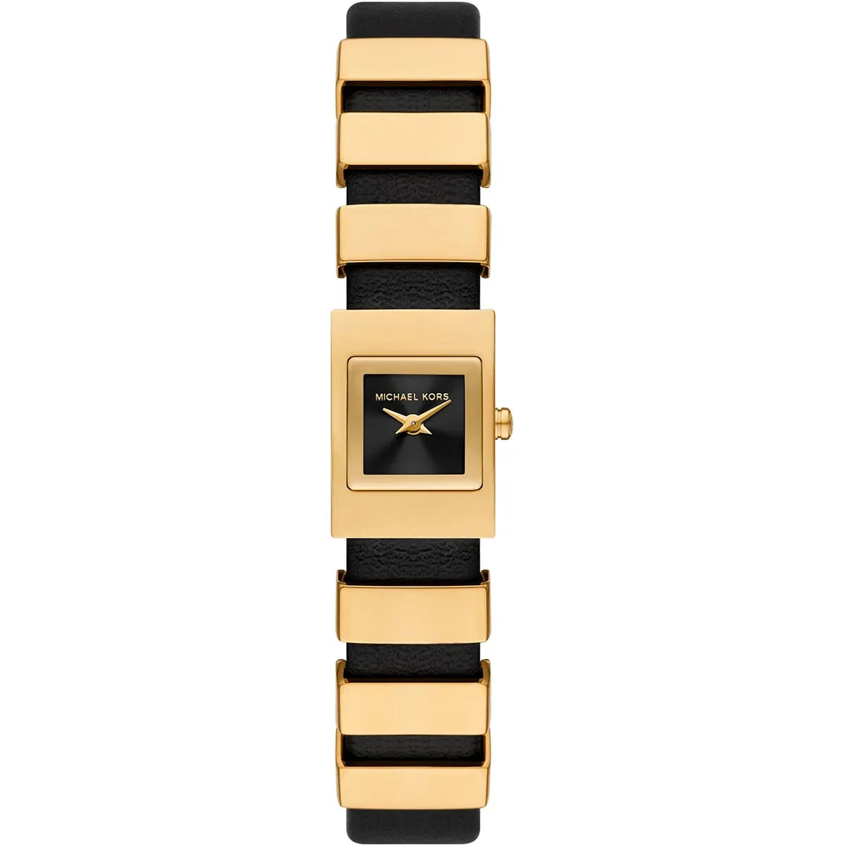 Michael Kors Darrington MK4887 ladies quartz watch with black dial and alternating gold/black band