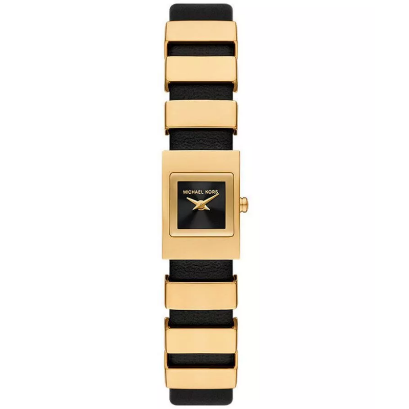 Michael Kors Darrington women's watch with square black dial, gold case, and gold/black striped strap