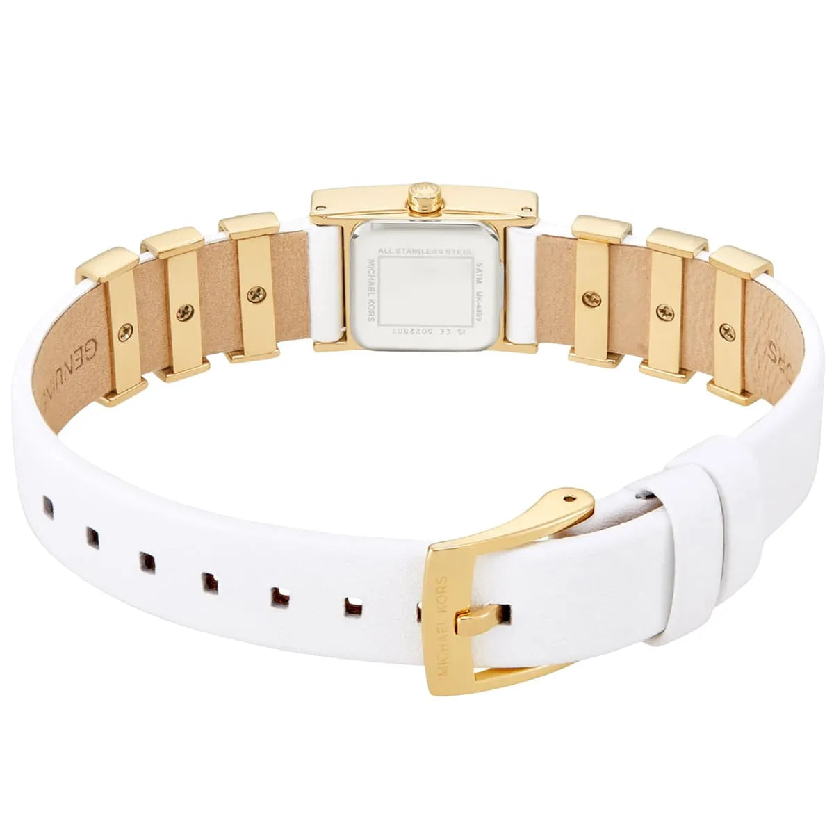 Michael Kors Darrington MK4899 watch with gold block strap displayed at angle