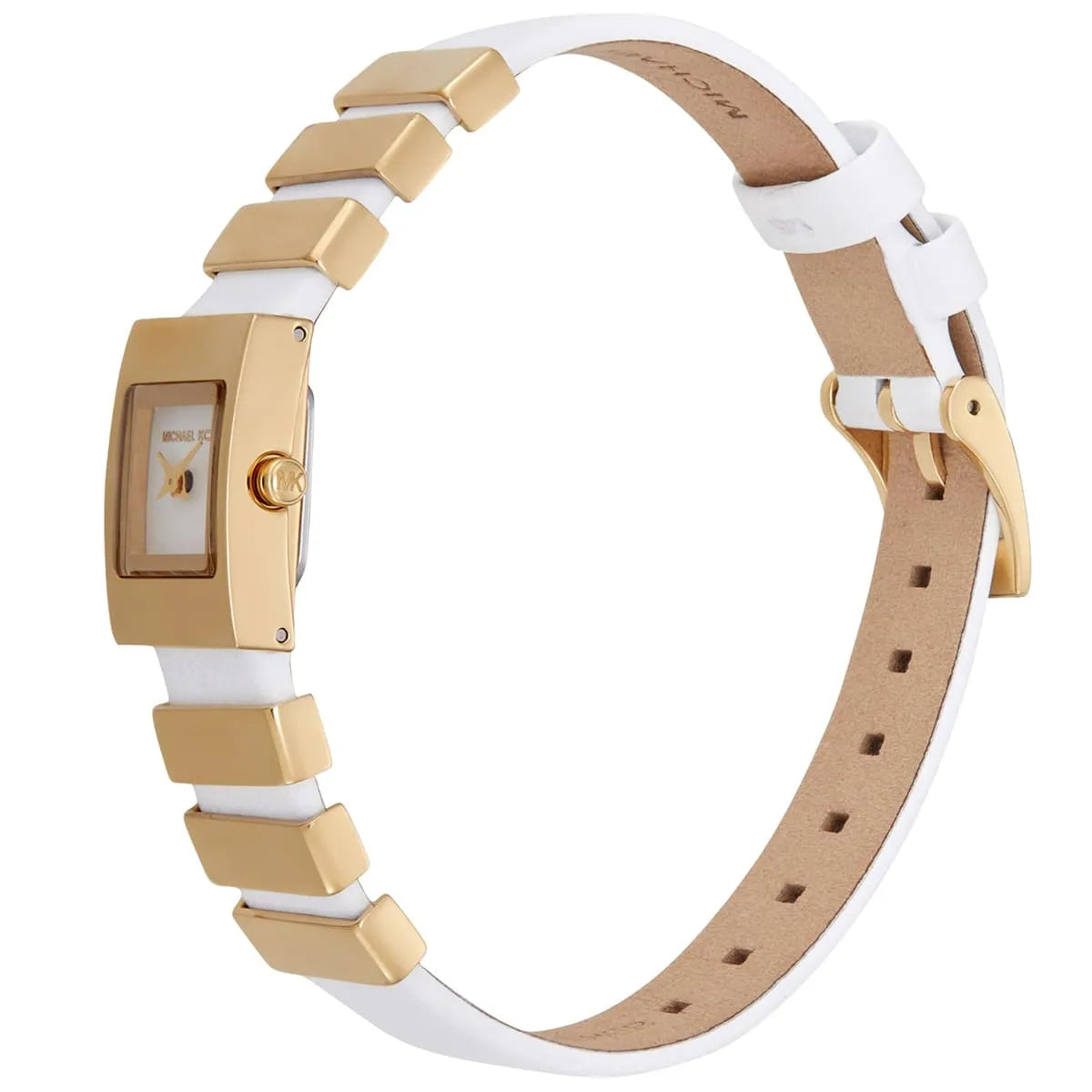 Close-up of Michael Kors Darrington white dial with gold hands and square bezel
