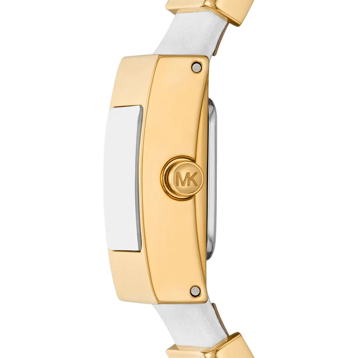 Side profile of Michael Kors Darrington MK4899 showing square gold case and white strap