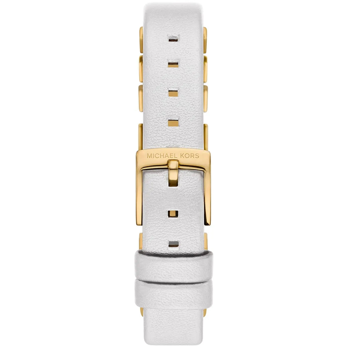 White leather strap with gold tone buckle and logo engraving on Michael Kors Darrington