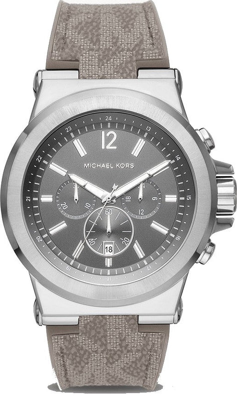 Michael Kors Dylan chronograph watch with grey dial and silver case on grey strap