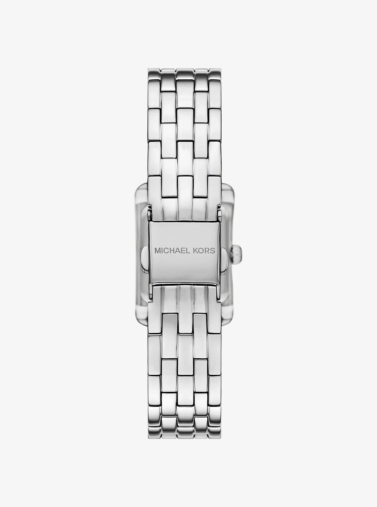 Michael Kors Emery watch caseback showing brand name on silver stainless steel