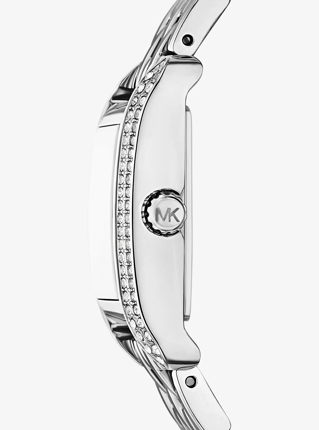 Michael Kors Emery watch side profile showing crystal-adorned case and MK logo