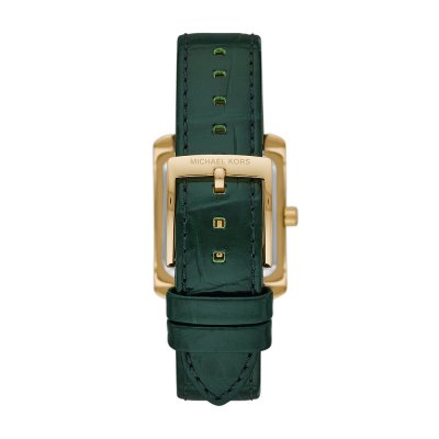 Michael Kors Emery MK4697 watch caseback showing green leather strap with gold-tone buckle