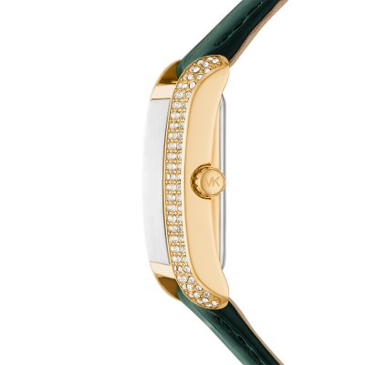 Michael Kors Emery MK4697 side profile showing crystal-studded case and green leather strap