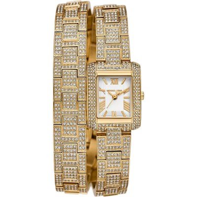 Michael Kors Emery MK4835 mini gold-tone watch with rectangular case and crystal-embellished bracelet