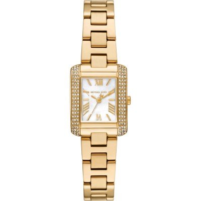 Gold rectangular Michael Kors Emery Mini watch with crystal bezel and white dial