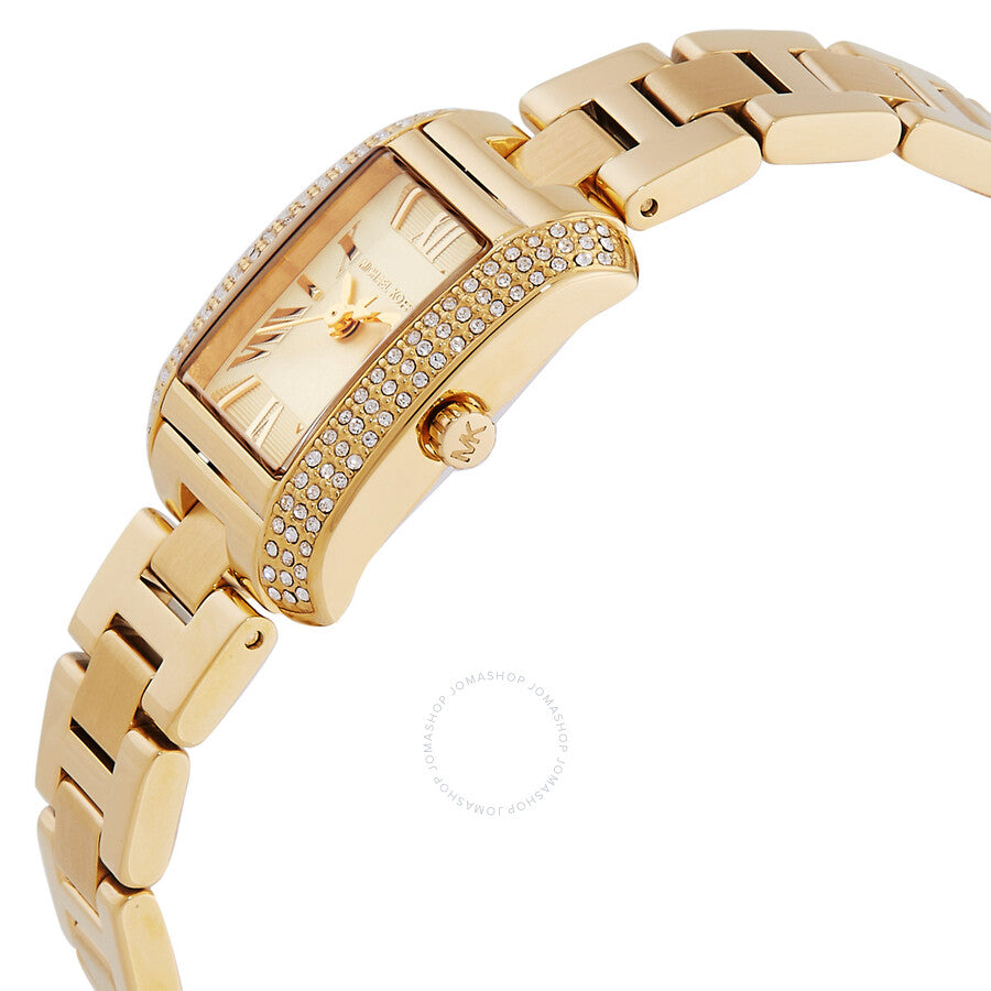 Side angle view of Michael Kors Emery watch with crystal-set rectangular bezel and gold bracelet