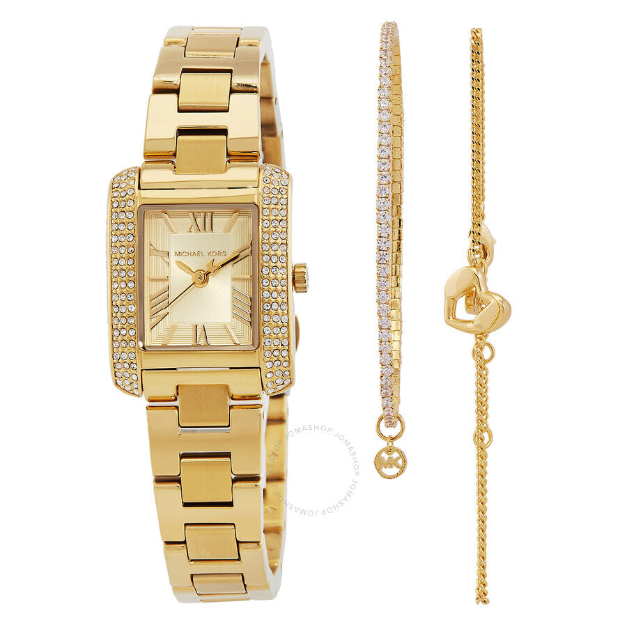 Michael Kors Emery gold quartz watch with crystal bezel and matching bracelets