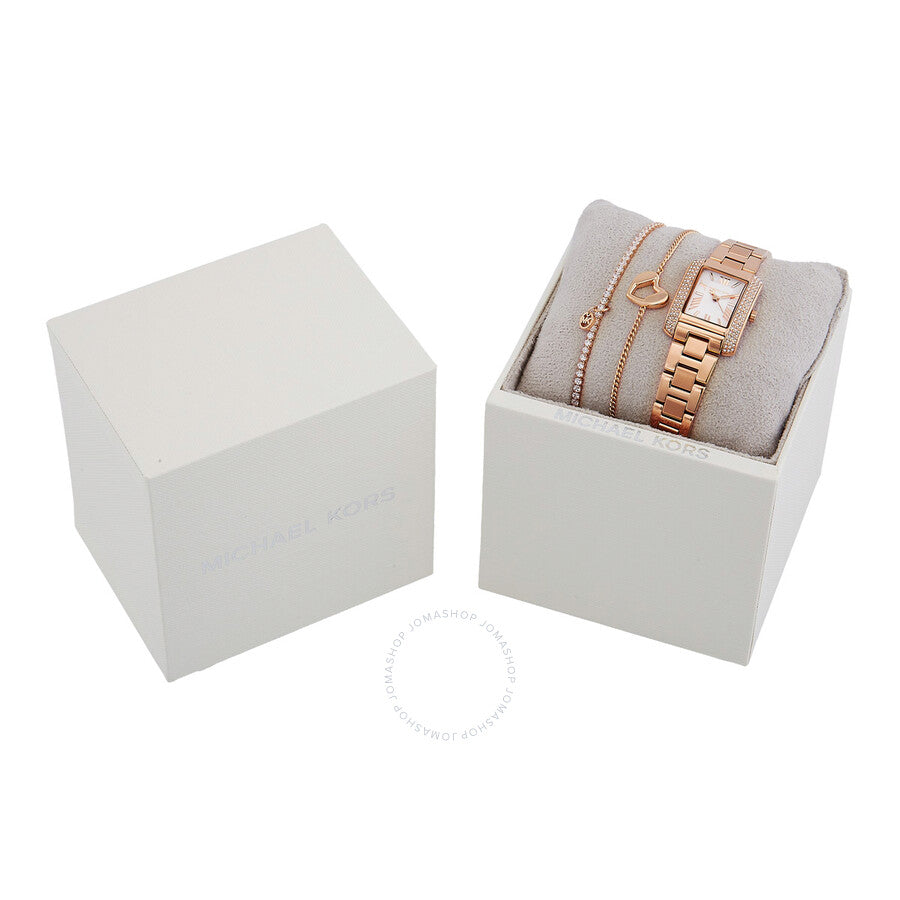 Michael Kors Emery gift set box containing watch and two crystal bracelets