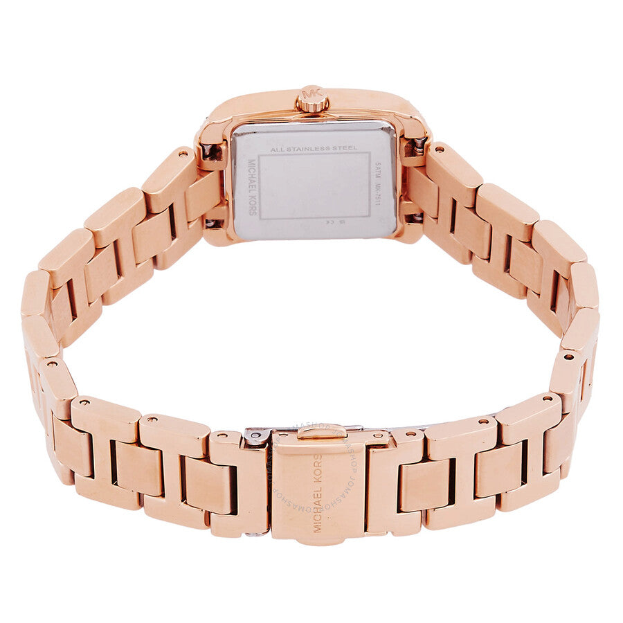 Rose gold stainless steel watch caseback showing metal link bracelet