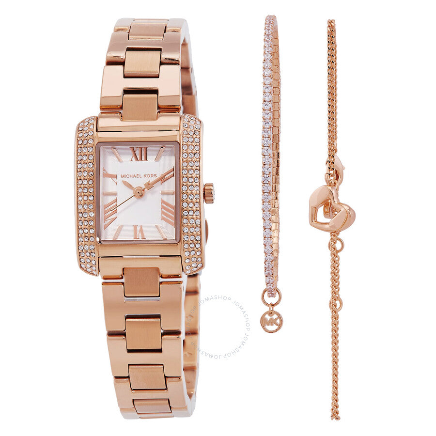 Michael Kors Emery rose gold ladies watch with crystal bezel and two matching bracelets