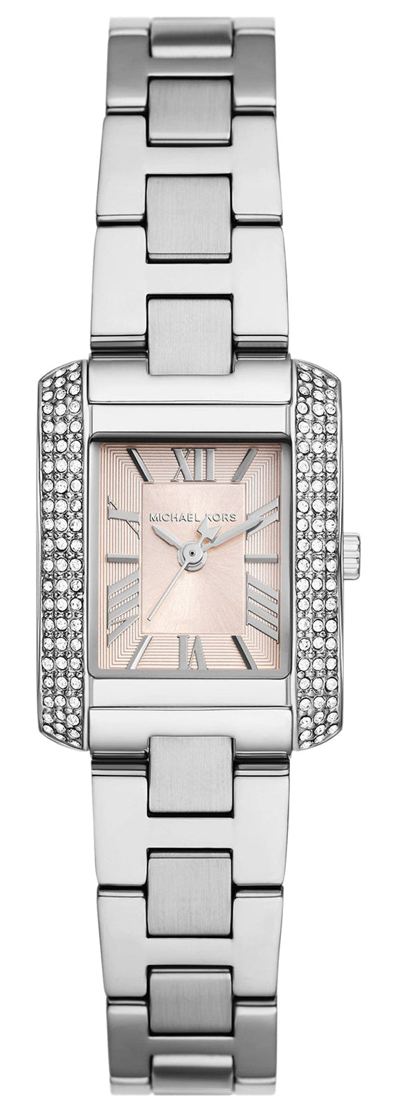 Michael Kors Emery MK7514 women's watch with pink MOP dial, three hands, silver-tone rectangular case and bracelet with crystal-set bezel