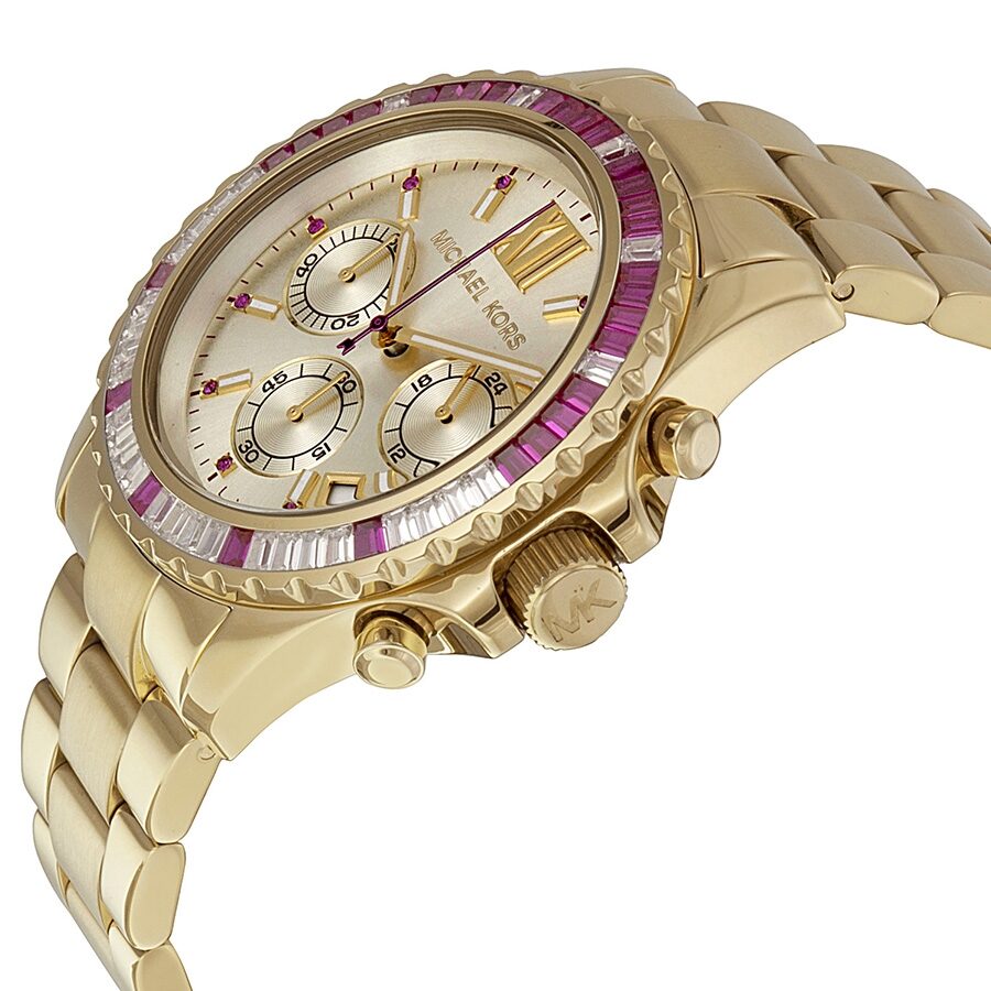 Side angled view of gold-tone chronograph watch with purple and diamond bezel