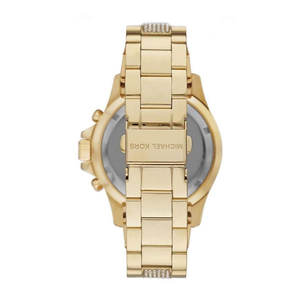Michael Kors Everest watch caseback with gold-tone case and diamond-set bracelet
