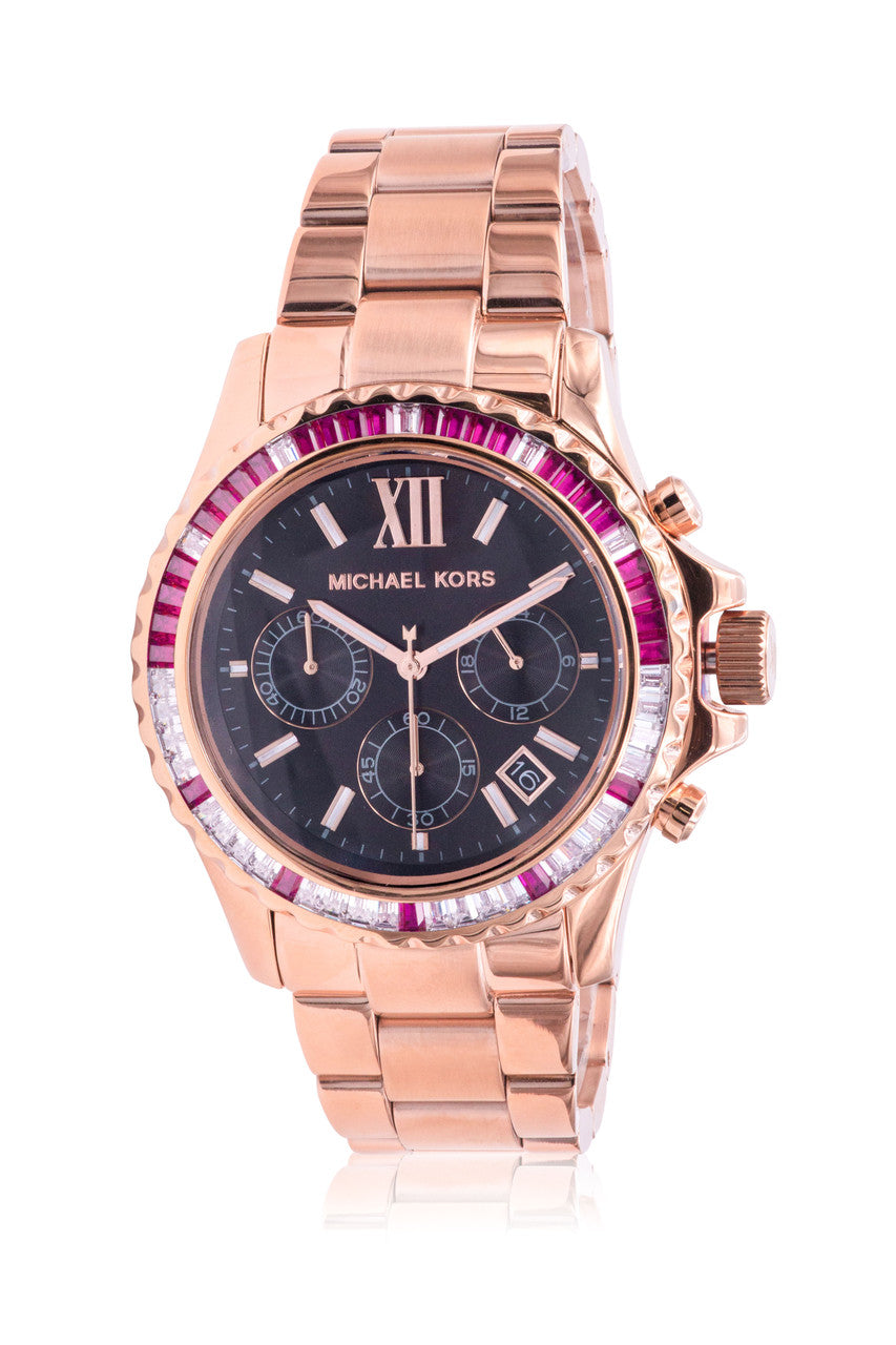 Michael Kors Everest rose gold-tone ladies watch with purple crystal bezel and chronograph dial