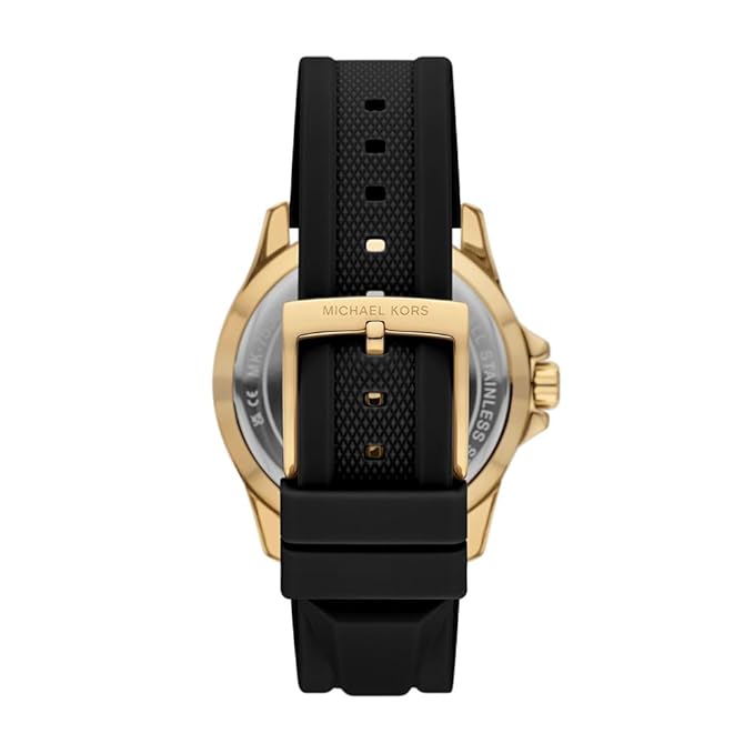 Back case view of Michael Kors Everest watch with black silicone strap and caseback