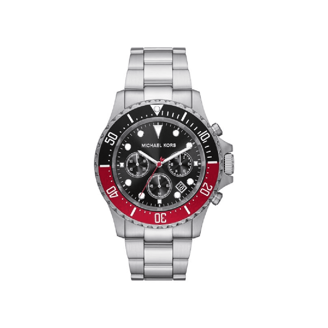 Michael Kors Everest black dial chronograph watch with silver steel strap and red bezel