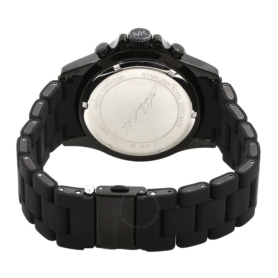 Michael Kors Everest watch caseback showing stainless steel back with engraving and black band