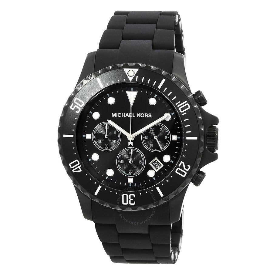 Michael Kors Everest chronograph quartz watch with black dial and three subdials on black silicone strap