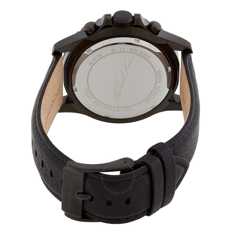 Michael Kors Everest watch caseback showing black leather strap and stainless steel case back