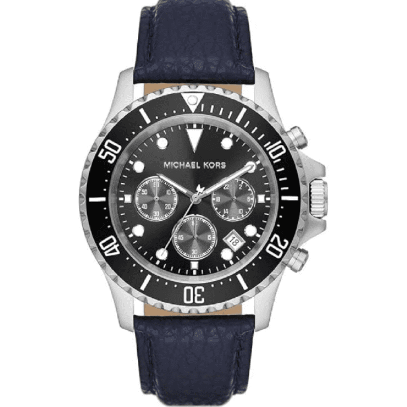 Michael Kors Everest chronograph watch with black dial, silver case, and navy leather strap